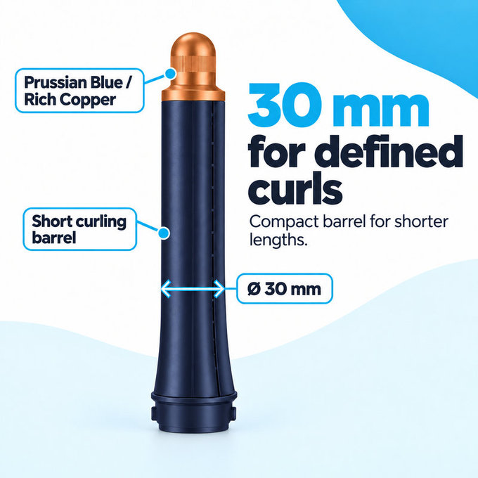 Embout court pour boucles pour Dyson Airwrap HS01, HS05, 30 mm, Prussian Blue / Rich Copper