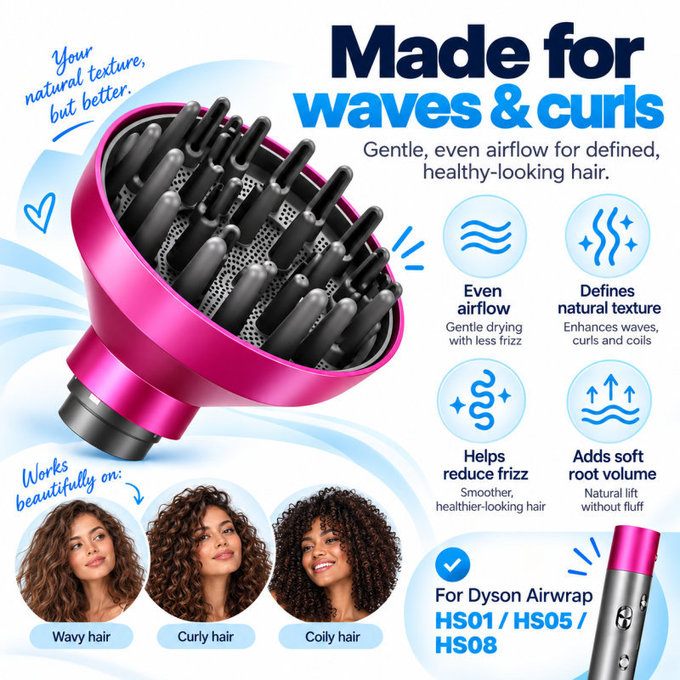 Diffuseur Wave + Curl pour Dyson Airwrap HS05, Fuchsia