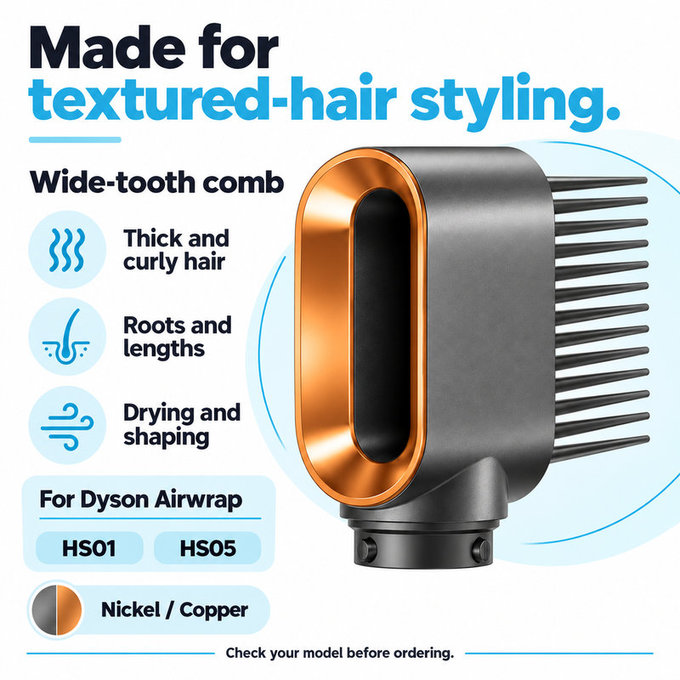 Peigne à dents larges pour Dyson Airwrap HS01, HS05, Nickel / Copper