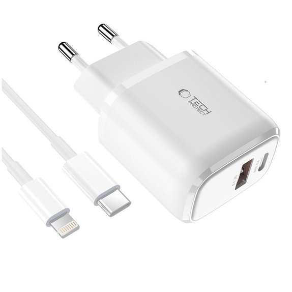 Chargeur secteur C20W 2-PORT PD 20W / QC3.0 + Lightning Cable, blanche, Tech-Protect