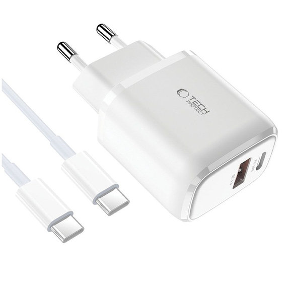 Chargeur secteur C20W 2-PORT PD 20W / QC3.0 + USB-C Cable, blanche, Tech-Protect