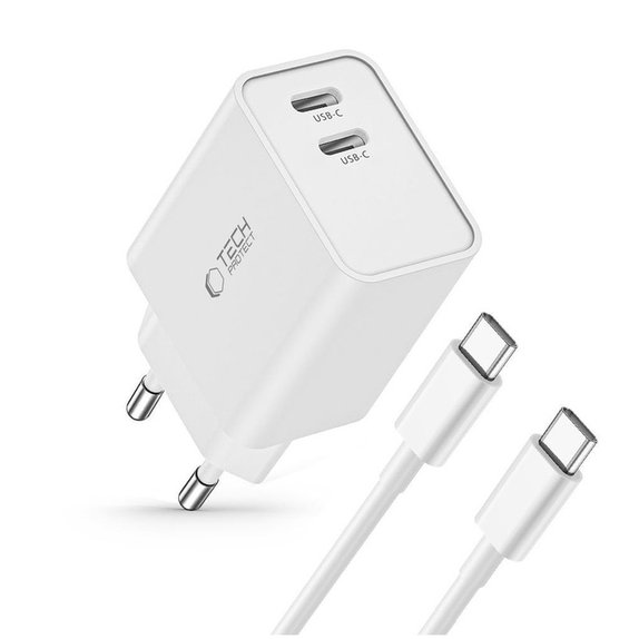 Chargeur secteur C35W 2-PORT PD 35W + USB-C Cable, blanche, Tech-Protect
