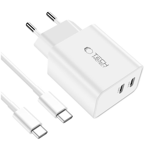 Chargeur secteur C35W 2-PORT PD 35W + USB-C Cable, blanche, Tech-Protect