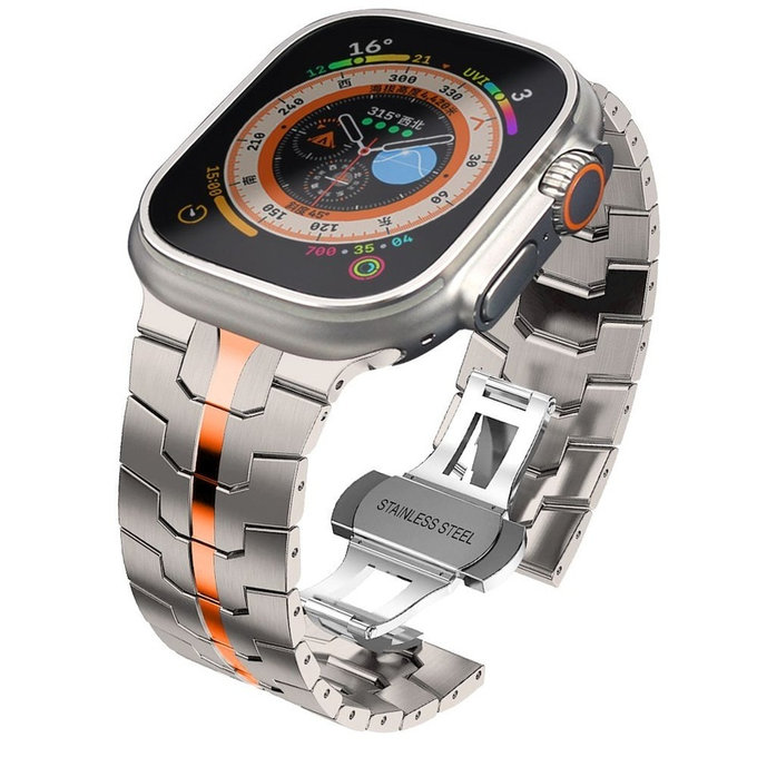 Bracelet Stainless Line pour Apple Watch 8 / 9 / 10 / 11 / SE / Ultra (44 / 45 / 46 / 49 mm), Titanium/Orange, Tech-Protect