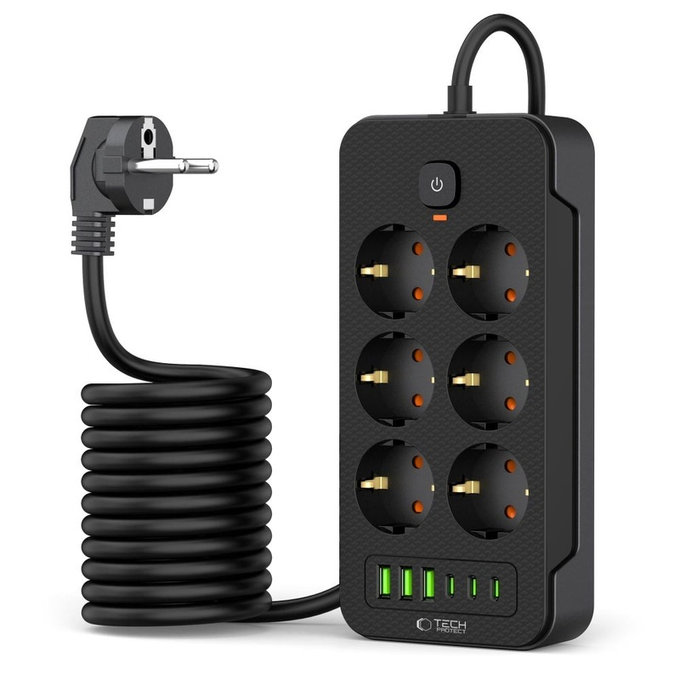 Chargeur secteur PC6X6 Power Strip 3 USB & 3 USB-C & 6 Socket 200cm, noire, Tech-Protect