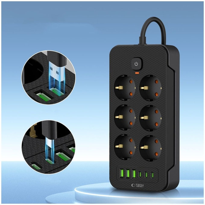 Chargeur secteur PC6X6 Power Strip 3 USB & 3 USB-C & 6 Socket 200cm, noire, Tech-Protect