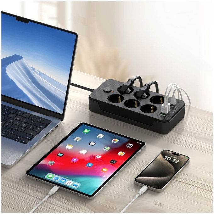 Chargeur secteur PC6X6 Power Strip 3 USB & 3 USB-C & 6 Socket 200cm, noire, Tech-Protect