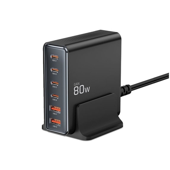 Chargeur secteur DC80W-GAN 6-PORT PD 80W / QC3.0, noire, Tech-Protect