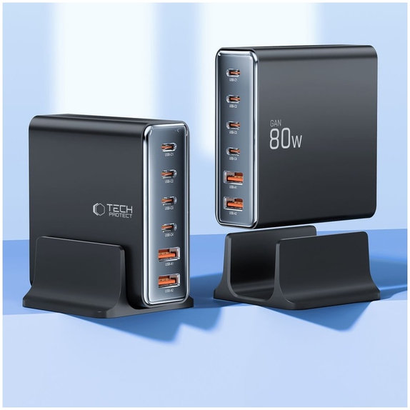 Chargeur secteur DC80W-GAN 6-PORT PD 80W / QC3.0, noire, Tech-Protect