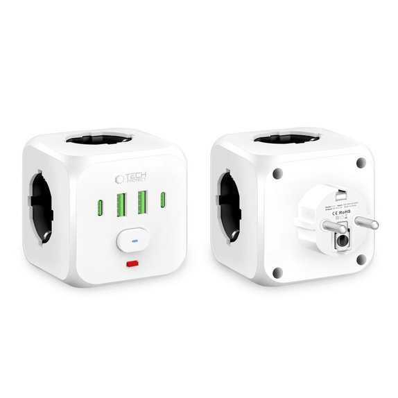 Chargeur secteur PCL3X4 Power Socket 2 USB & 2 USB-C & 3 Socket, blanche, Tech-Protect