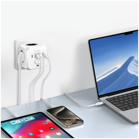 Chargeur secteur PCL3X4 Power Socket 2 USB & 2 USB-C & 3 Socket, blanche, Tech-Protect