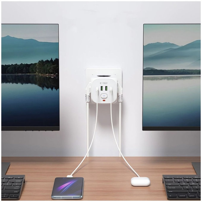 Chargeur secteur PCL3X4 Power Socket 2 USB & 2 USB-C & 3 Socket, blanche, Tech-Protect