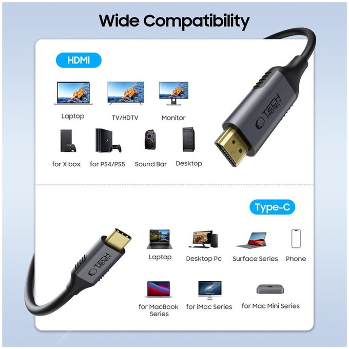 Câble Ultraboost Cable USB-C / HDMI 2.0 4K 60Hz 180cm, noire, Tech-Protect
