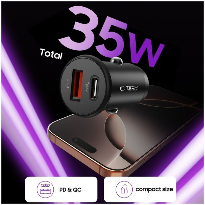 Chargeur voiture CC02 2-PORT PD 35W / QC3.0, noire, Tech-Protect