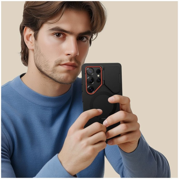Coque Kevlar Aura MagSafe pour Samsung S25 Ultra, noire/orange, Tech-Protect