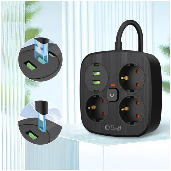 Chargeur secteur PCS3X4 Power Strip 2 USB & 2 USB-C & 3 Socket 200cm, noire, Tech-Protect