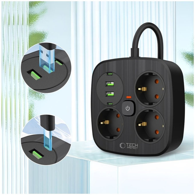 Chargeur secteur PCS3X4 Power Strip 2 USB & 2 USB-C & 3 Socket 200cm, noire, Tech-Protect