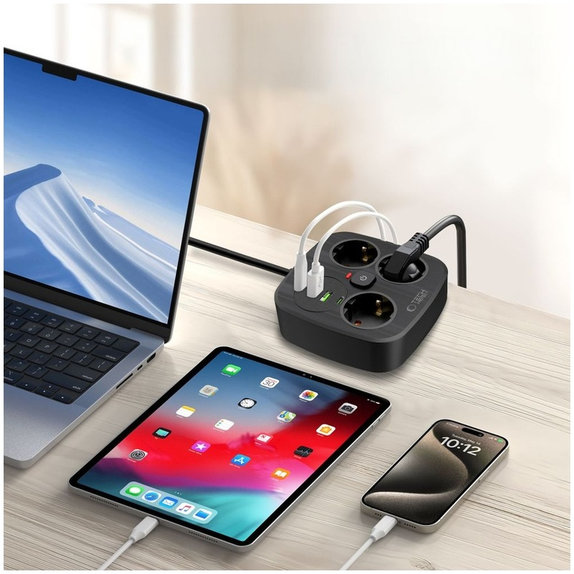 Chargeur secteur PCS3X4 Power Strip 2 USB & 2 USB-C & 3 Socket 200cm, noire, Tech-Protect