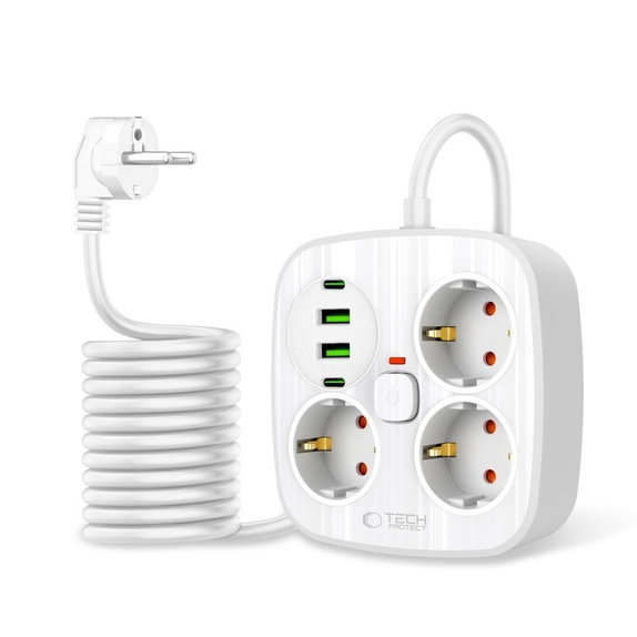 Chargeur secteur PCS3X4 Power Strip 2 USB & 2 USB-C & 3 Socket 200cm, blanche, Tech-Protect