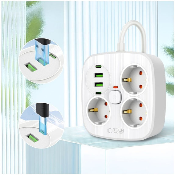Chargeur secteur PCS3X4 Power Strip 2 USB & 2 USB-C & 3 Socket 200cm, blanche, Tech-Protect