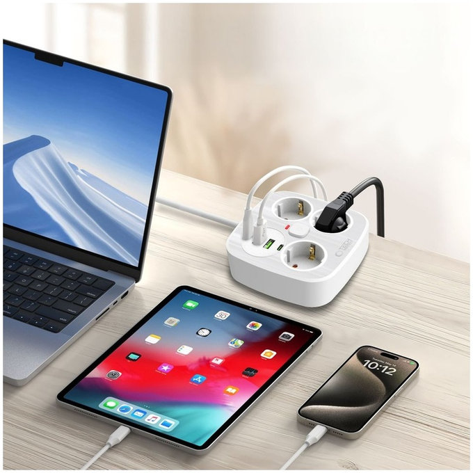 Chargeur secteur PCS3X4 Power Strip 2 USB & 2 USB-C & 3 Socket 200cm, blanche, Tech-Protect