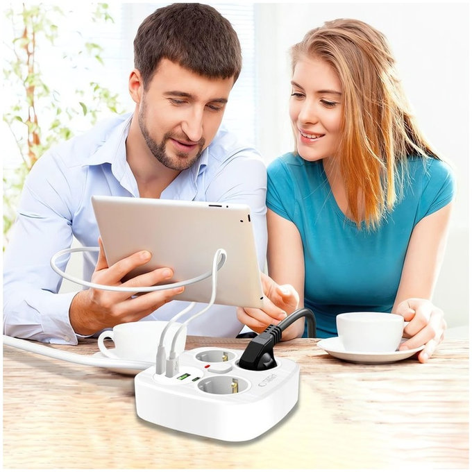 Chargeur secteur PCS3X4 Power Strip 2 USB & 2 USB-C & 3 Socket 200cm, blanche, Tech-Protect
