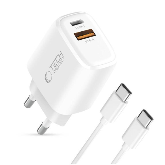 Chargeur secteur NCA20 2-PORT PD 20W / QC3.0 + USB-C Cable, blanche, Tech-Protect