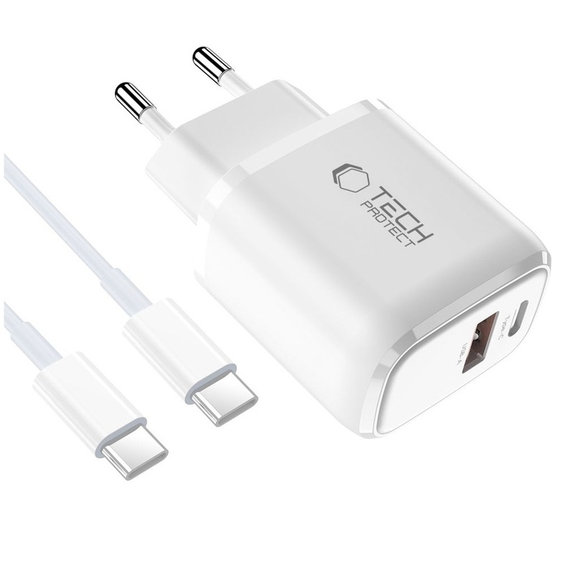 Chargeur secteur NCA20 2-PORT PD 20W / QC3.0 + USB-C Cable, blanche, Tech-Protect