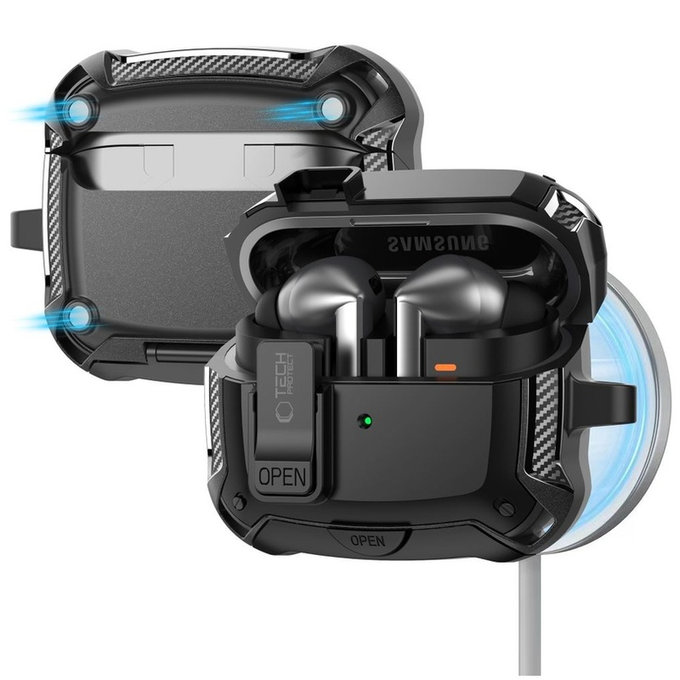 Coque pour écouteurs Carbonox MagSafe pour Samsung Buds 3 / 3 FE / 3 Pro, noire, Tech-Protect