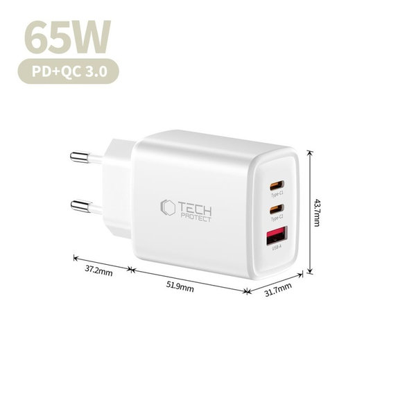 Chargeur secteur NCA65W-GAN 3-PORT PD 65W / QC3.0, blanche, Tech-Protect
