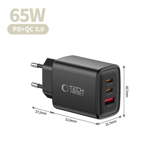 Chargeur secteur NCA65W-GAN 3-PORT PD 65W / QC3.0, noire, Tech-Protect