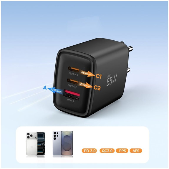 Chargeur secteur NCA65W-GAN 3-PORT PD 65W / QC3.0, noire, Tech-Protect