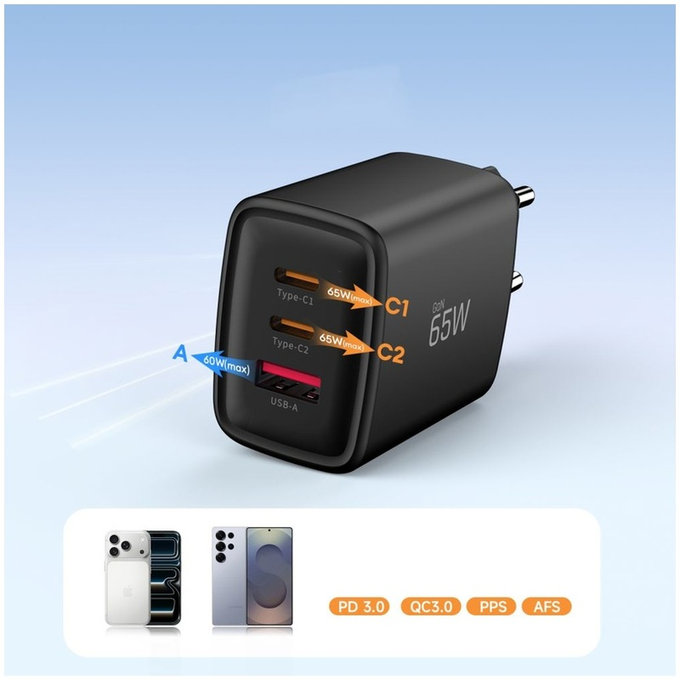 Chargeur secteur NCA65W-GAN 3-PORT PD 65W / QC3.0, noire, Tech-Protect