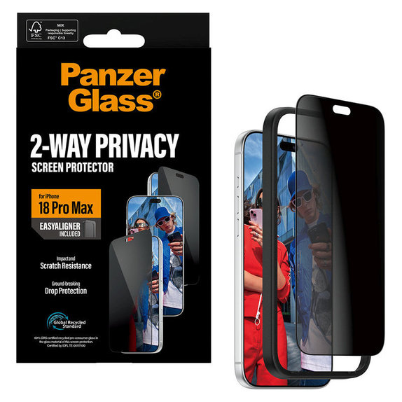 Verre trempé UWF 2-Way Privacy avec applicateur pour iPhone 18 Pro Max, Noir, PanzerGlass