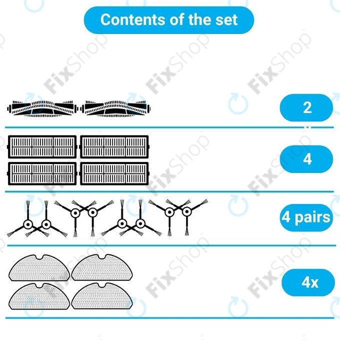 Kit de pièces de rechange pour iRobot Roomba Combo 1138, Ecovacs Deebot Ozmo 930 (2x Brosses principales, 4x Filtres, 4 paires de brosses latérales, 4x Lingettes de lavage)