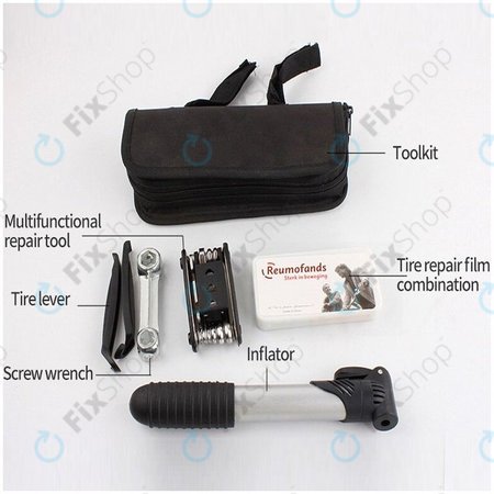 Boîte à outils multifonctionnelle : pompe à air, kit de pneus, clé, pied-de-biche et tournevis 16 en 1.