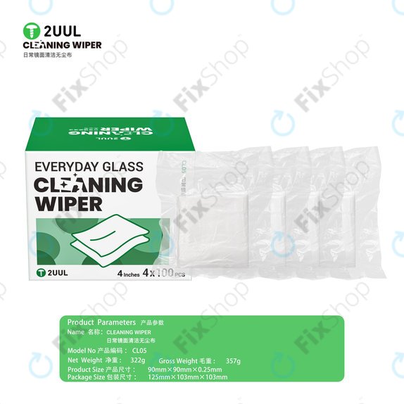 Lingettes de nettoyage pour vitres, non pelucheuses, 2UUL CL05, 4x100 pcs/boîte