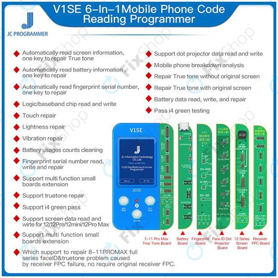 JC V1SE Programmer + LCD, batterie, empreinte digitale, Face ID et cartes série 12 (iPhone 7 - 12 Pro Max)