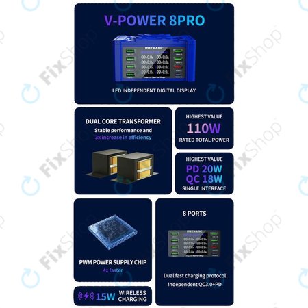 Mechanic V-Power 8 Pro - Station de charge USB avec USB-C, USB 3.0