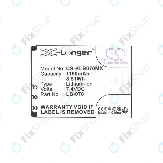 Batterie pour Kodak PIXPRO S1, AZ651, AZ652, AZ901, 1150mAh, Li-Ion, 7.4V, LB-070, HQ