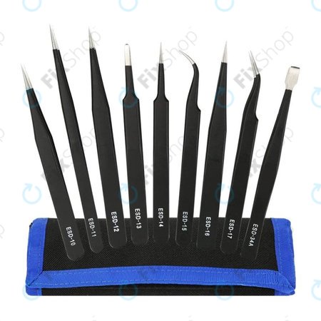 ESD Jeu de pinces à épiler antistatiques en acier inoxydable 9 en 1