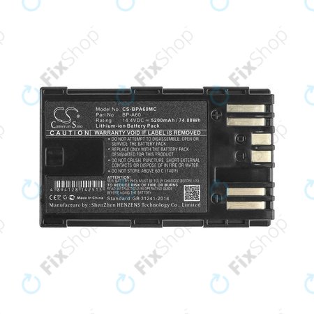 Batterie pour Canon EOS S200, C300, 5200mAh, Li-Ion, 14.4V, BP-A60, HQ