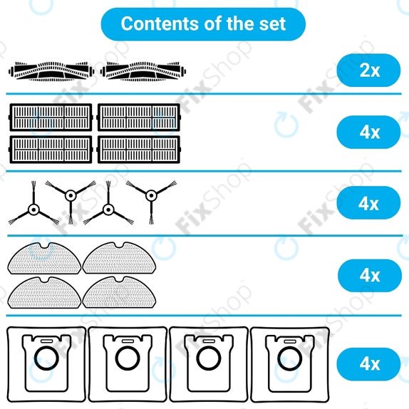 Kit de pièces de rechange pour Xiaomi Roborock Q10 VF, Q10 VF+, S8 Pro, S8 Pro Plus (2x Brosse principale, 4x Filtre, 4x Brosse latérale, 4x Chiffon de vadrouille, 4x Sac à poussière)