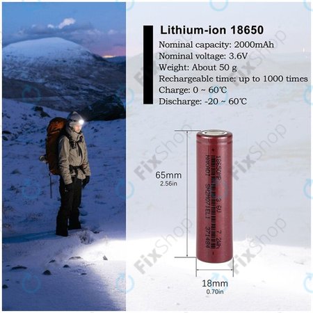 Pile cylindrique au lithium 18650 (Li-Ion, 2000 mAh, 3,6 V)
