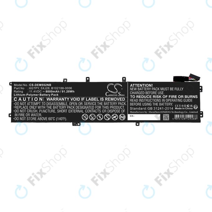 Batterie pour Dell XPS 15, Dell Precision 9560, 9570, 8000mAh, Li-Pol, 11.4V, 6GTPY, HQ
