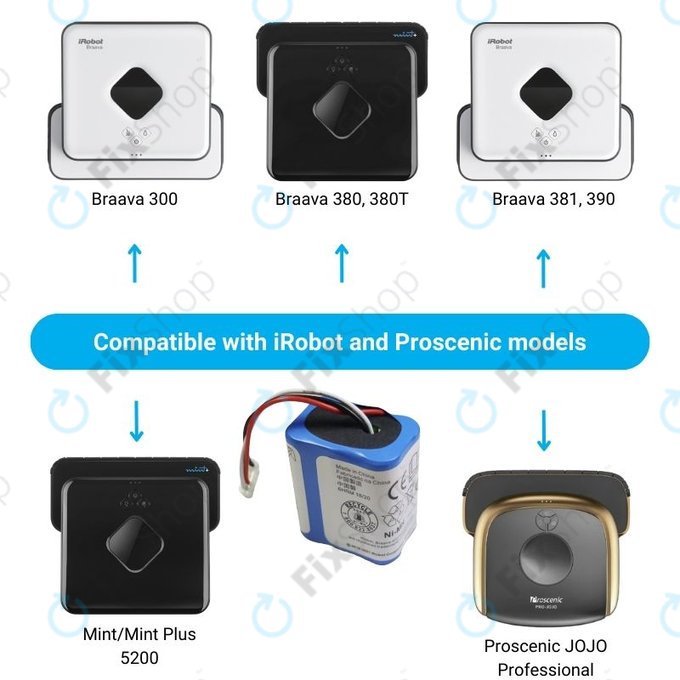 iRobot Braava 2000, 300, 380, 380T, 381, 390, Mint 5200, Mint Plus 5200, Proscenic JOJO Professional - Batterie GPRHC202N026, 4409709, W206001001399 Ni-MH 2500mAh