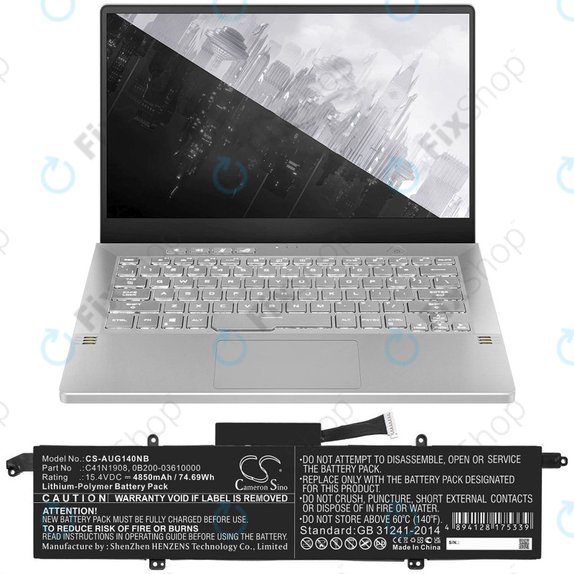 Batterie pour Asus ROG Zephyrus G14 Ga401, 4850mAh, Li-Pol, 15.4V, C41N1908, HQ