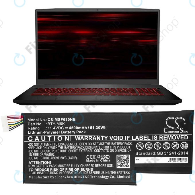 Batterie pour MSI GF63, MSI GF75, MSI GS63, 4500mAh, Li-Pol, 11.4V, BTY-M6K, HQ