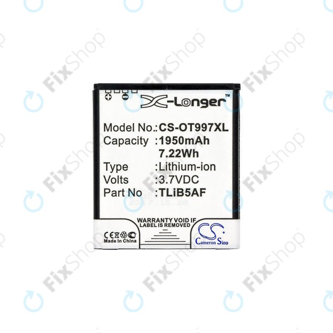Batterie pour Alcatel One Touch 997, X Pop, TCL S710, S800, 1950mAh, Li-Ion, 3.7V, TLiB5AF, HQ
