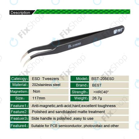 Best B-205ESD - Pince à épiler métallique ESD à pointe incurvée (117 mm)